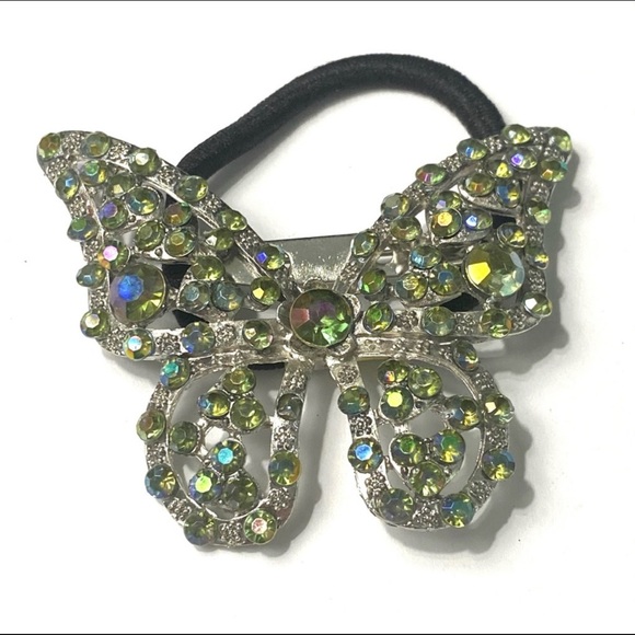 Ponytail Holder Brooch Green Rhinestones 2 In 1 Butterfly - Picture 1 of 2
